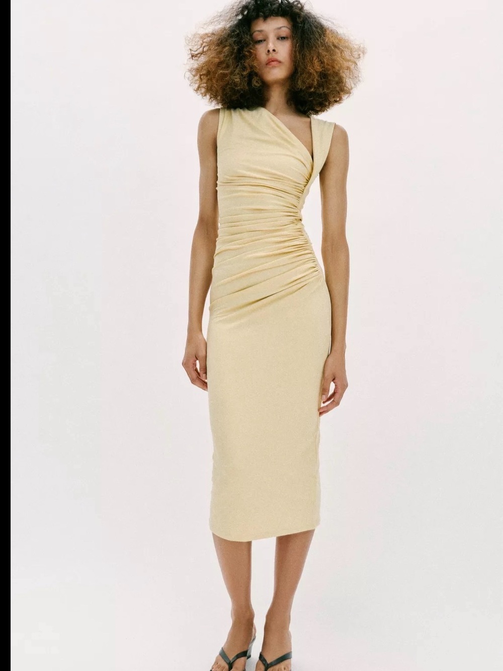 Draped One-Shoulder Midi Dress in Light Yellow ZARA SMALL NWT